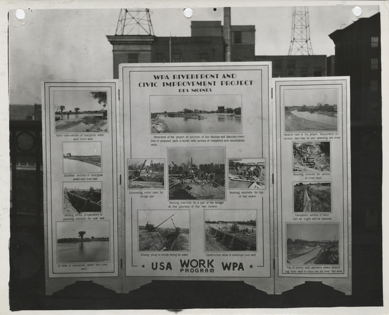 Photograph of the exhibit panel of Iowa WPA projects: riverfront and civic improvement project in Des Moines