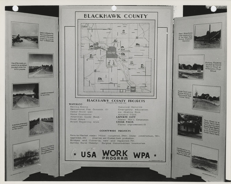 Photograph of the exhibit panel of WPA projects in Black Hawk County