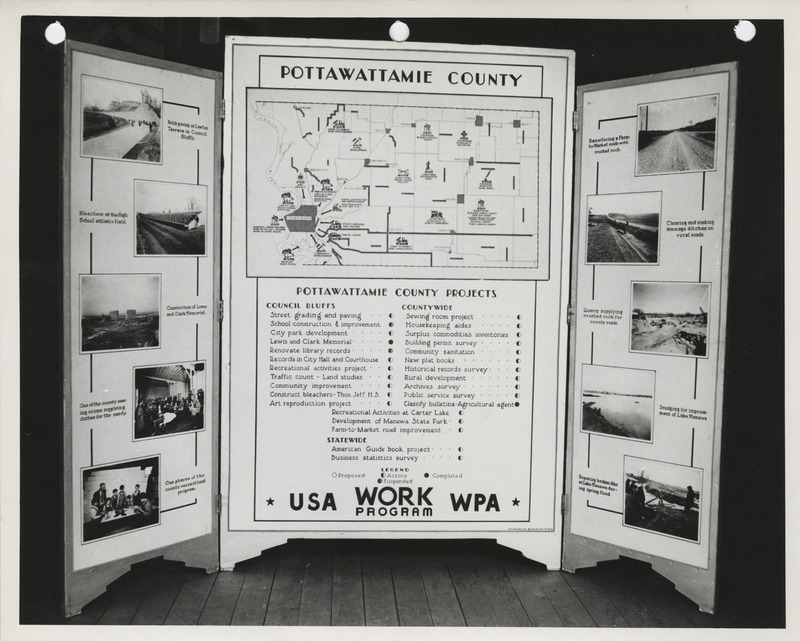 Photograph of the exhibit panel of WPA projects in Pottawattamie County