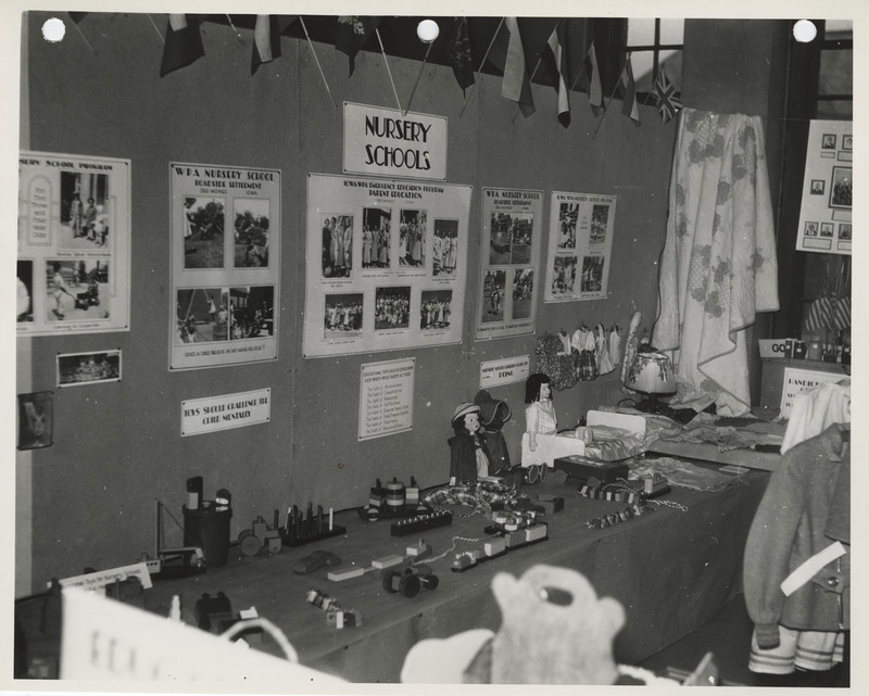 Photograph of the exhibit of WPA nursery schools and adult education classes at the annual convention of the Iowa State Teachers' Association