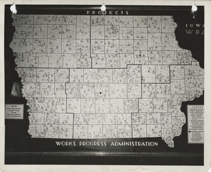 Photograph of the Iowa State map symbolizing WPA projects as to the location