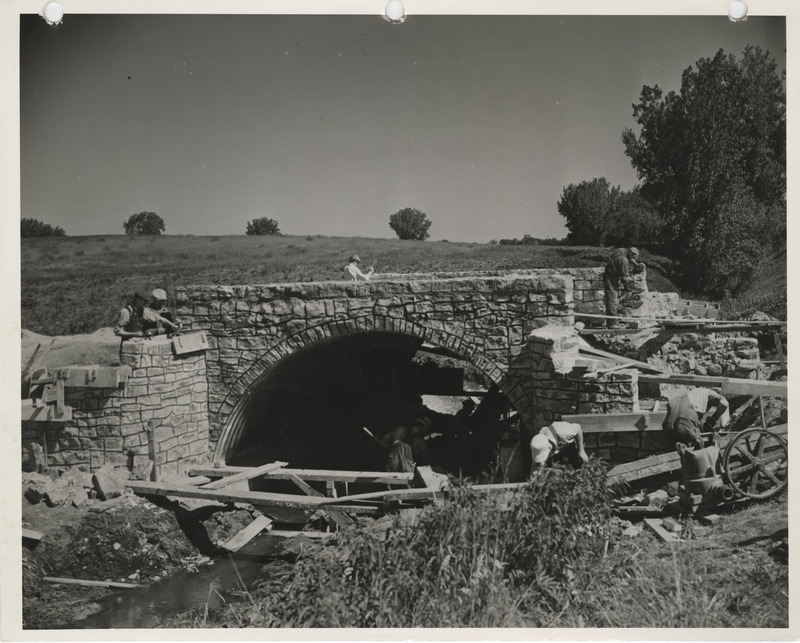 Photograph of the construction of multiple arch bridge in Silver Lake Township