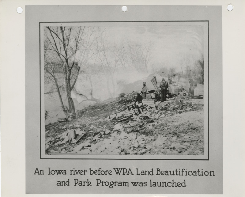 Display card of an Iowa river before the WPA land beautification and park program was launched