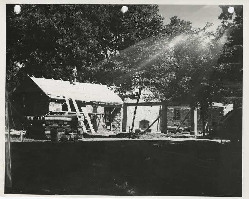 Photograph of the construction of a masonry shelter house at a city park in Sac City