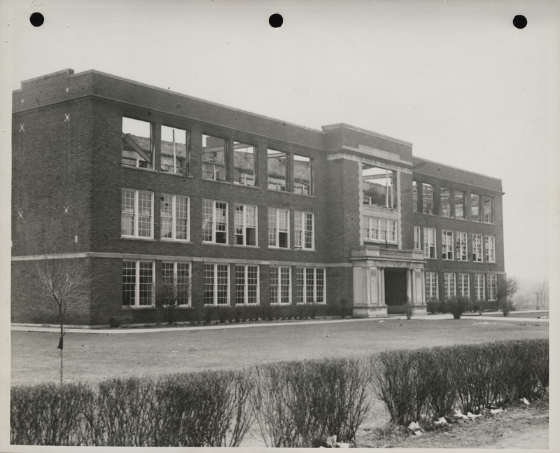 Photograph of a fire damaged high school in Centerville