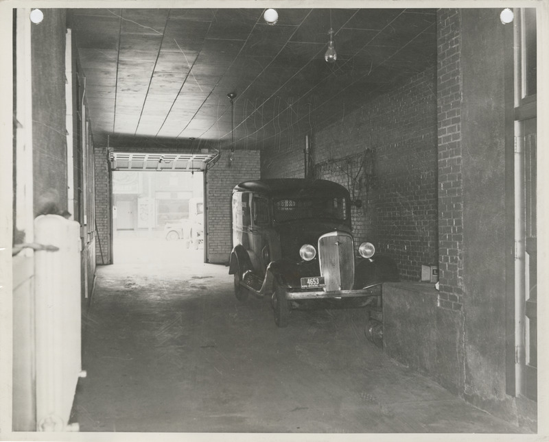 Photograph of the interior of the police garage at city hall in Muscatine