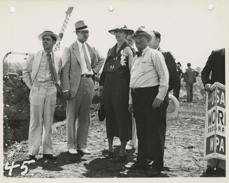 Photograph of Eleanor Roosevelt viewing the riverfront project in Des Moines