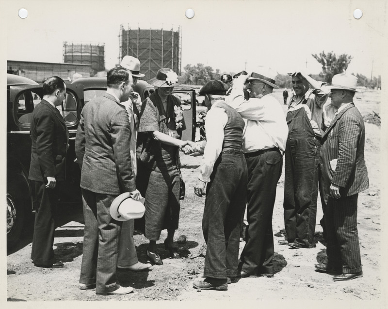 Photograph of Eleanor Roosevelt meeting the foreman of the riverfront project in Des Moines