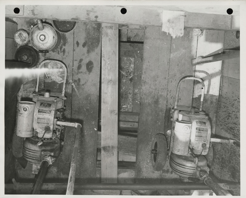 Photograph of water pumps used during construction of an outfall sewer in Webster City