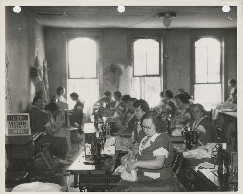 Photograph of people in a county sewing room in Centerville