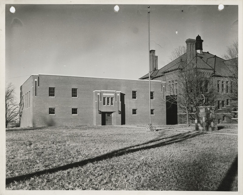 Photograph of the exterior view of the high school gymnasium in Panora