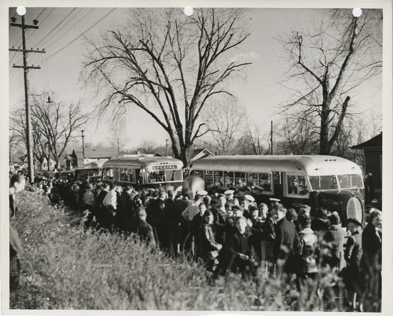 Photograph of group of people gathered during the dedication of the University Avenue improvements in Des Moines