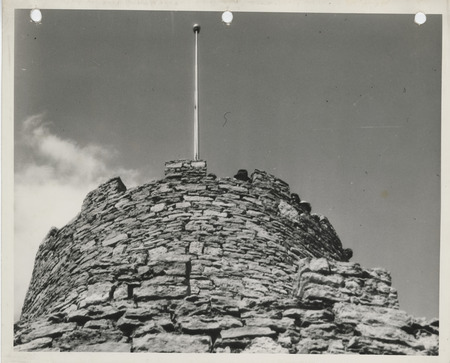 Photograph looking up at the completed lookout tower at Eagle Point Park in Clinton