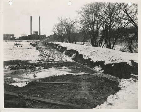 Photograph of a snow covered levee in Iowa City