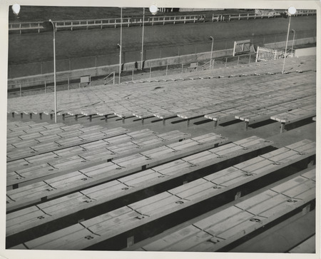 Photograph looking down from the bleachers at the county fairgrounds in Spencer