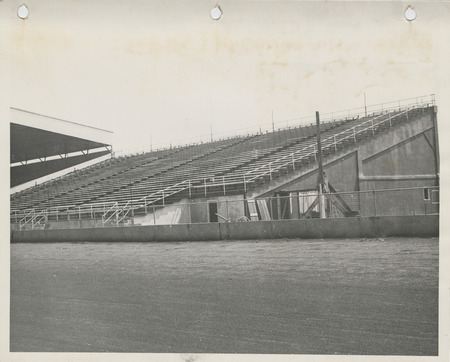 Photograph looking up at the bleachers at the county fairgrounds in Spencer