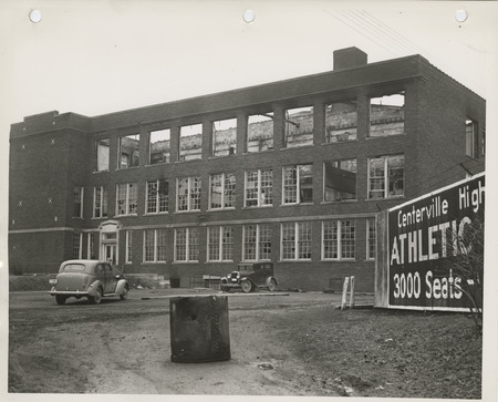 Photograph of fire damaged high school in Centerville