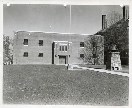 Photograph of the exterior view of the entrance to the high school gym in Panora