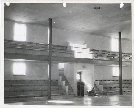 Photograph of the interior view of the entrance to the high school gym in Panora