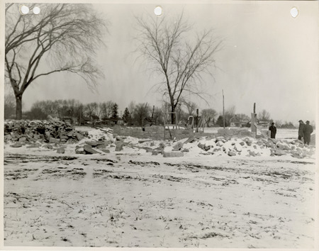 Photograph of people constructing a shelter house in New Sharon