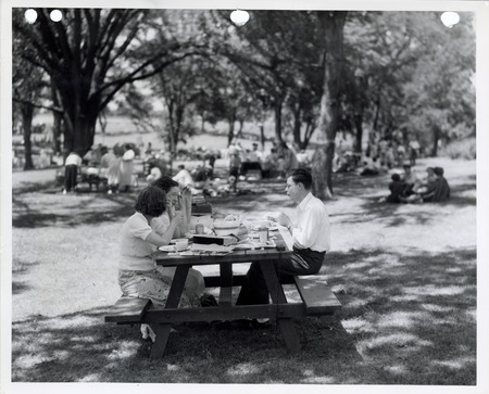 Photograph of people at the picnic grounds at Edmundson Park in Oskaloosa