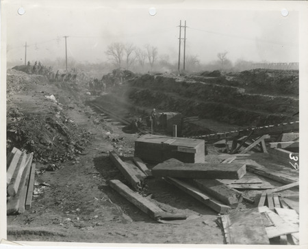 Photograph of sewer construction at West 1st and Elm St. in Des Moines