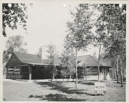 Photograph of the shelter house under construction in the Lewis and Clark State Park