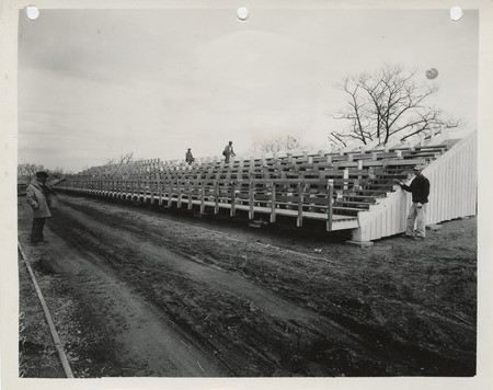 Photograph of bleachers on the athletic field at the Abraham Lincoln High School in Council Bluffs