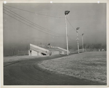 Photograph of west bleachers on the athletic field at the Abraham Lincoln High School in Council Bluffs
