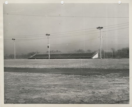 Photograph of east bleachers on the athletic field at the Abraham Lincoln High School in Council Bluffs