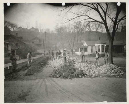 Photograph of people paving Railroad Avenue in Council Bluffs