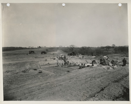 Photograph of people constructing the northern spillway for the Bedford water supply in Taylor County