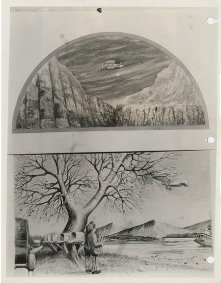 Photograph of a drawing of a mail carrier exhibited at 418 Old Federal Building in Des Moines