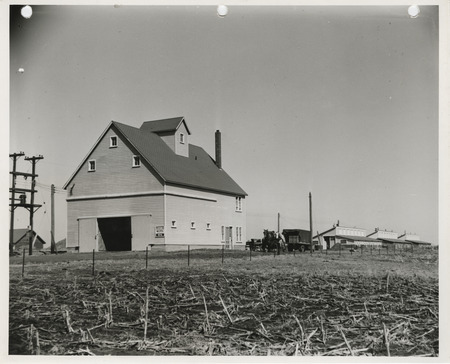 Photograph of a barn on the swine farm at Iowa State College in Story County
