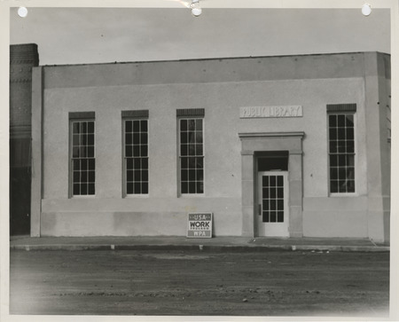 Photograph of the entrance to the public library at the community building in Dexter