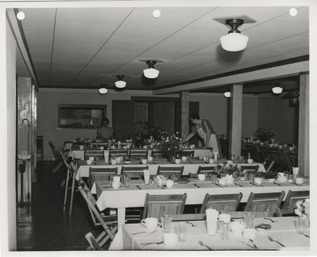Photograph of dining tables at the community building in Wall Lake