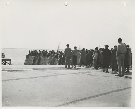 Photograph of group of people gathered during the dedication of lakeshore improvements event