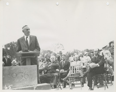 Photograph of group of people gathered during the dedication of bathhouse and shelter house in Riverview Park