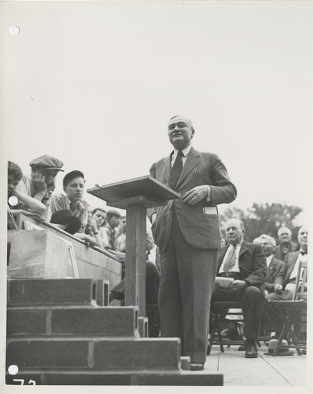 Photograph of group of people gathered during the dedication of bathhouse and shelter house in Riverview Park