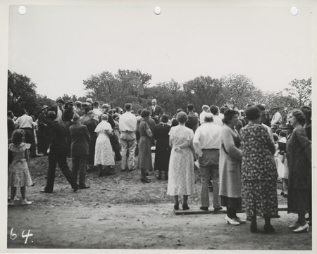 Photograph of group of people gathered during the dedication of bathhouse and shelter house in Riverview Park