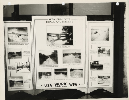 Photograph of the exhibit panel of Iowa WPA projects: roads and bridges