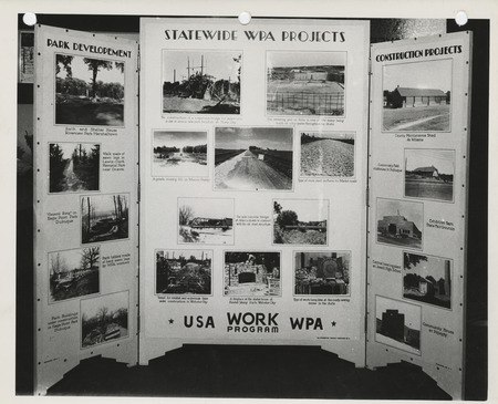 Photograph of the exhibit panel of Iowa WPA projects: statewide park development and construction projects