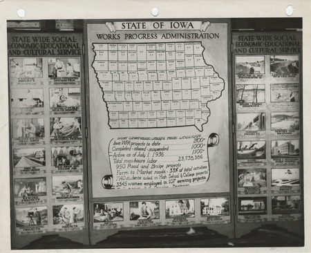 Photograph of the exhibit panel of Iowa WPA projects: statewide social, economic, educational and cultural service