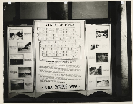 Photograph of the exhibit panel of Iowa WPA projects: statewide farm-to-market roads