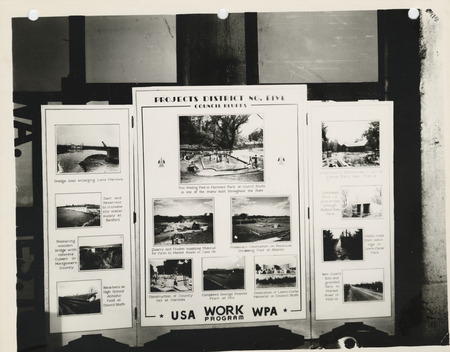 Photograph of the exhibit panel of Iowa WPA projects in the Fifth District