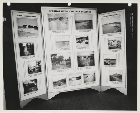 Photograph of the exhibit panel of Southwestern Iowa WPA projects: park development and construction projects