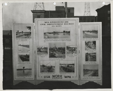 Photograph of the exhibit panel of Iowa WPA projects: riverfront and civic improvement project in Des Moines