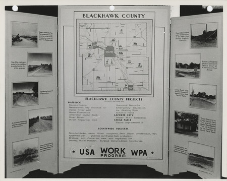 Photograph of the exhibit panel of WPA projects in Black Hawk County