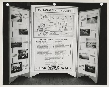 Photograph of the exhibit panel of WPA projects in Pottawattamie County