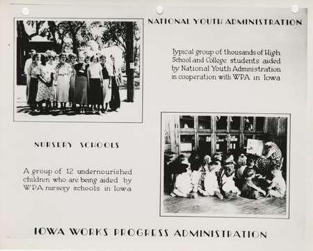 Display card of the Iowa Works Progress Administration projects in cooperation with the National Youth Administration and nursery schools